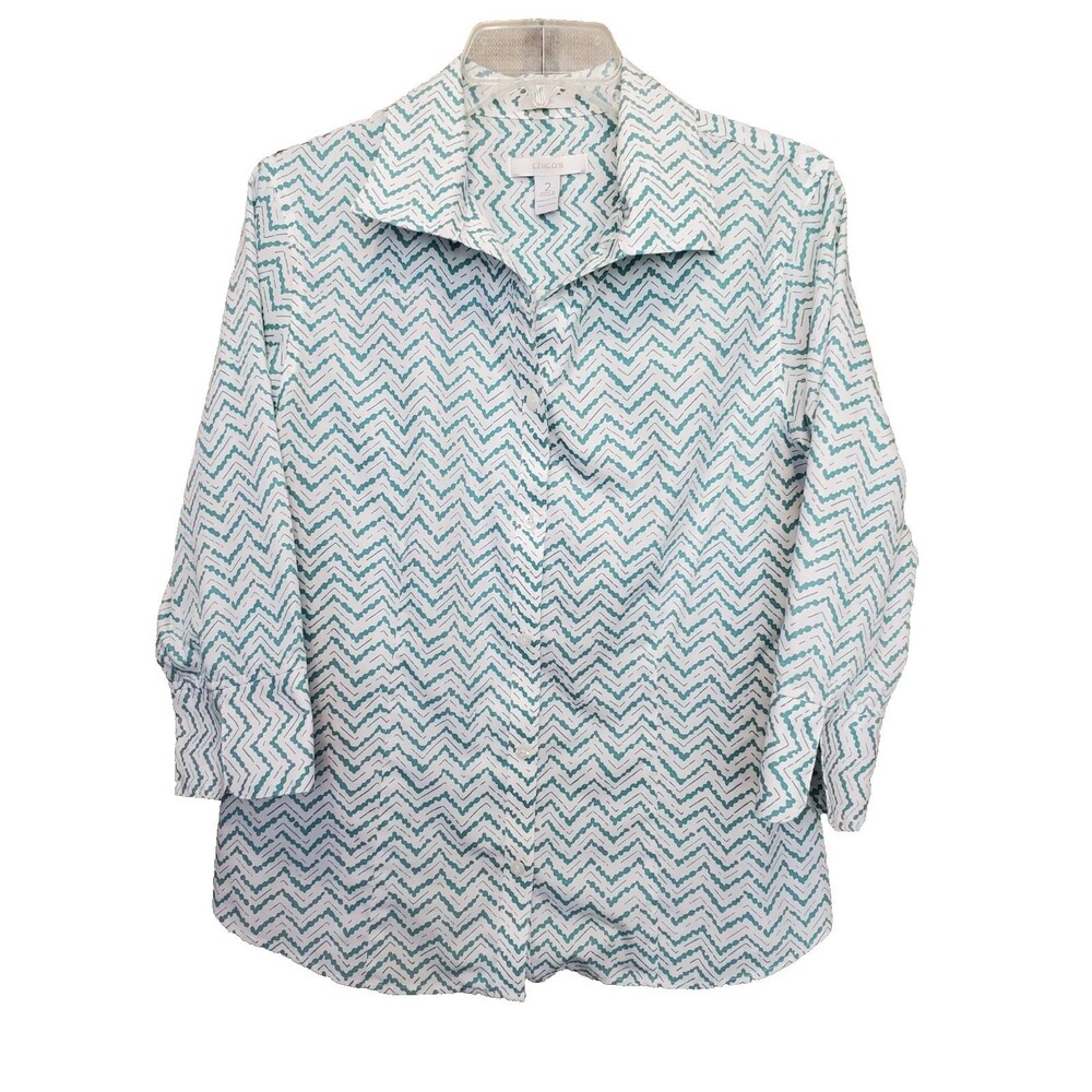 Chico's No-Iron Green Chevron Stripe Cotton 3/4 Sleeve Button-Up Shirt Size 2 L